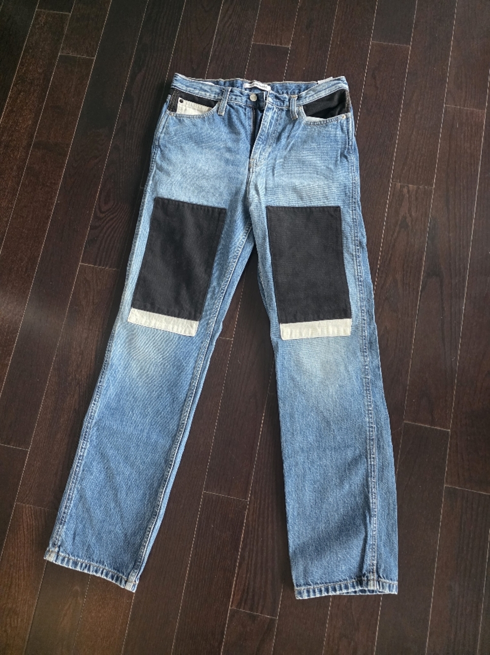 Calvin Klein Blue Straight-Leg Jeans with Black & White Knee Panels - Picture 3 of 11